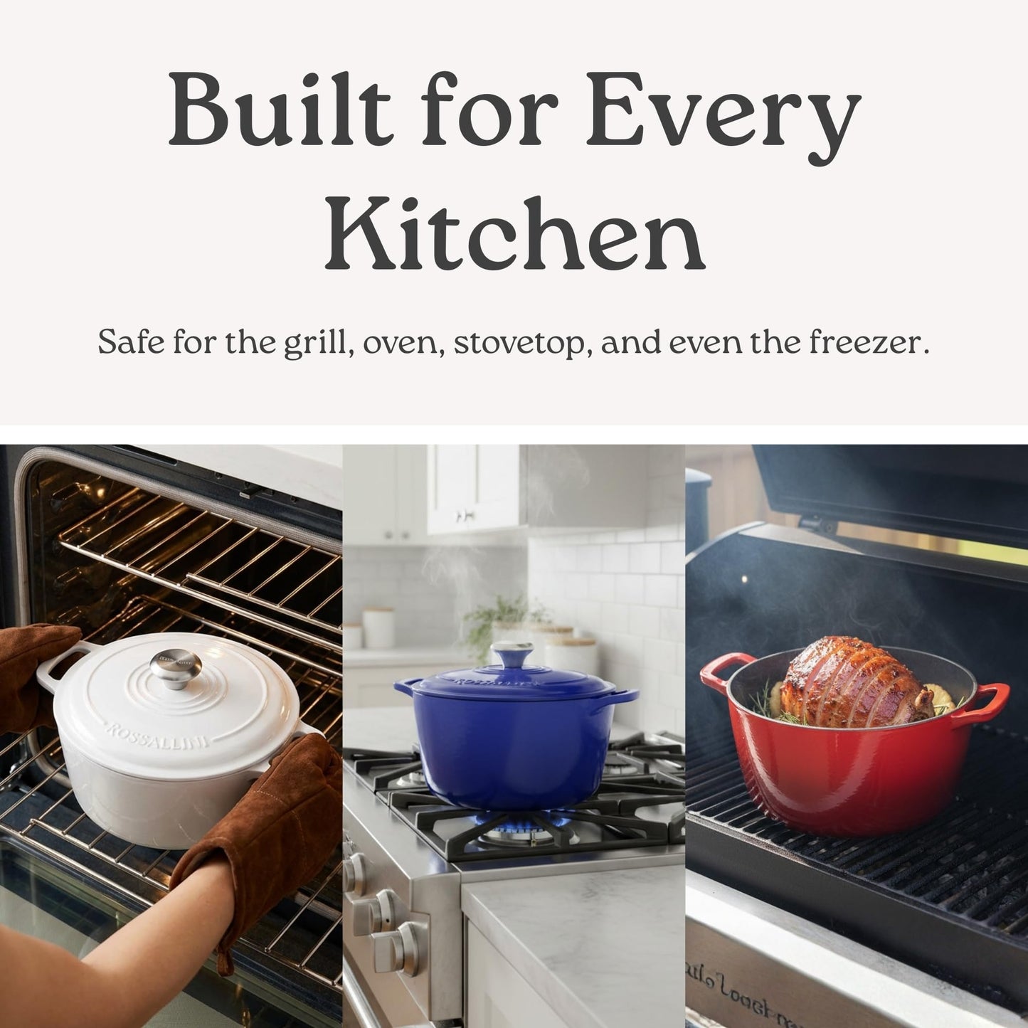 ROSSALLINI Signature Enameled Cast Iron Dutch Oven, Non-Stick Serving Pot with Tight Fitting Lid for Perfect Roasting, Baking, Sauteing, and Bread Making | 5.5Q (5.2L) - Oyster Grey