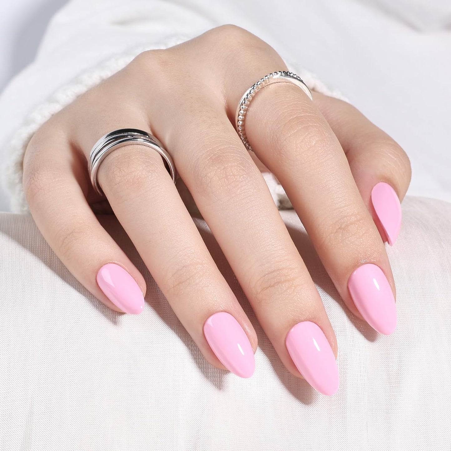 Leefrei Pink Press on Nails - Short Almond Glossy Baby Pink Nails, Soft Milky Pink Reusable Fake Nails Press ons for Women, 32 pcs in 16 Sizes False Nails Kit with Glue, Baby Pink