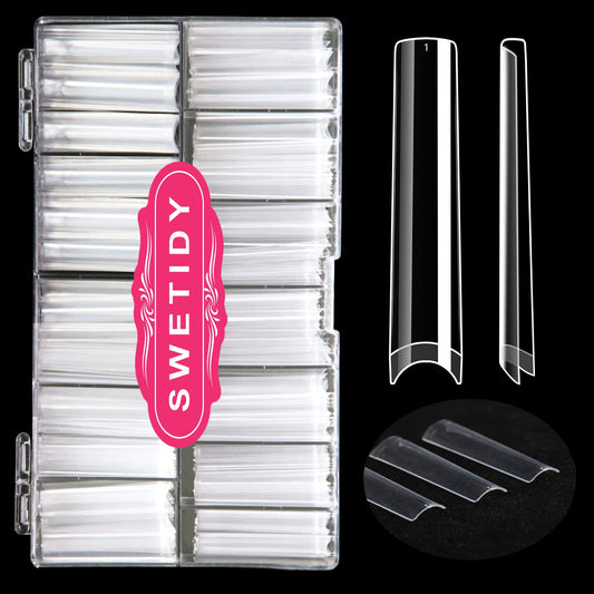 No C Curve 3XL Long Square Nail Tips for Acrylic Nails Professional, SWETIDY 360PCS Clear Straight Flattened Half Cover False Nails Tips with Case for Nail Salons and Home DIY, 12 Sizes