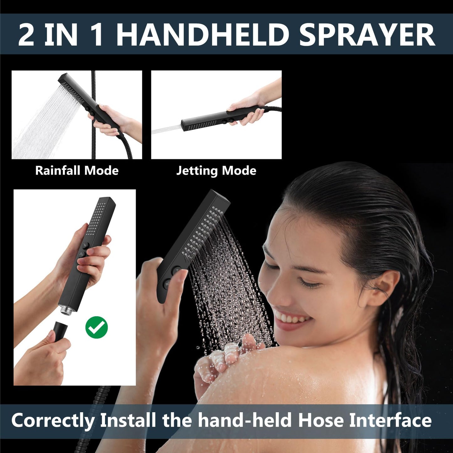 Aolemi Shower Faucet Set Ceiling Mount Shower System Rough-in Valve and Shower Trim Kit 2 in 1 Handheld Spray Push Button Diverter 10 and 6 Inch Dual Shower Head Matte Black