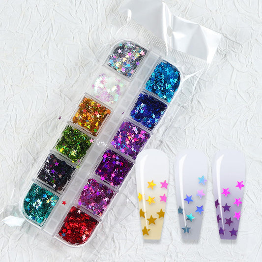 12-Grid Colorful Five-Pointed Star Nail Glitters, 3D Star-Shaped Nail Art Glitter Flakes Set Pentagram Nail Sequins Sparkling Holographic Color Laser Star Nail Design Sequin for Women Manicure Decor