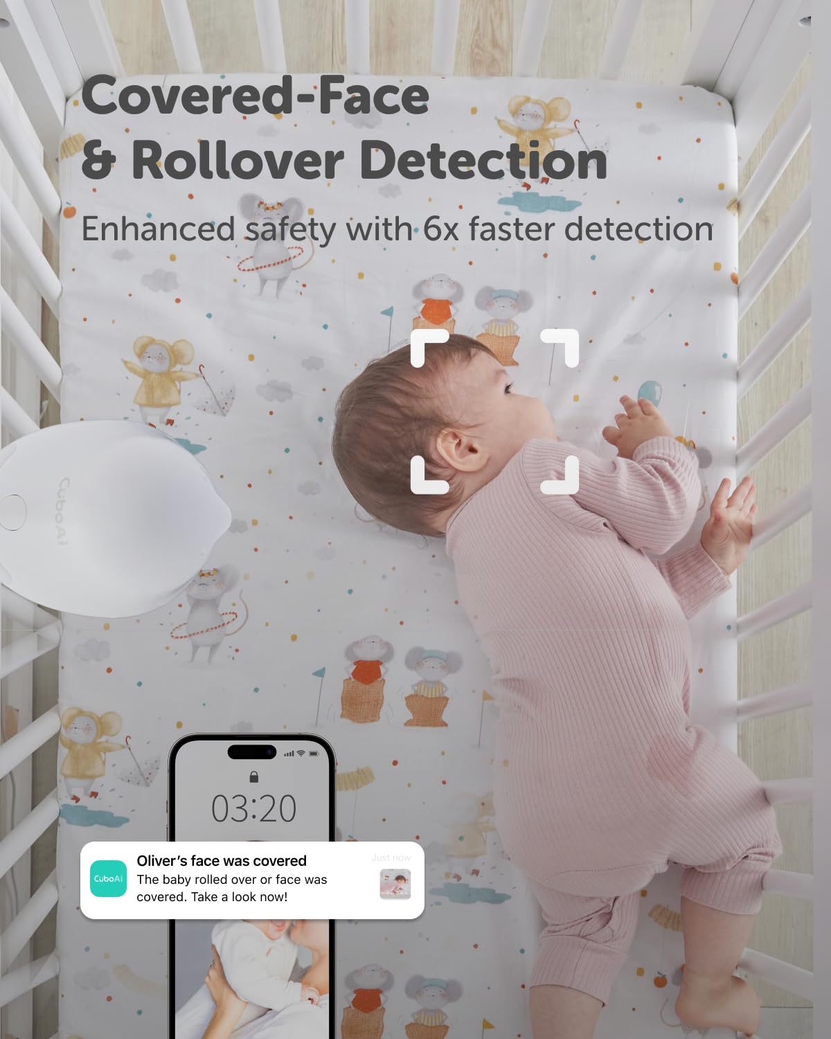 CuboAi 2025 New Model Smart Baby Monitor 3: Sleep Safety Alerts for Covered Face Rollover, 2.5K QHD Night Vision WiFi Camera, 2-Way Audio, Humidity Sensor, Lullabies. App Control (Floor Stand Set)