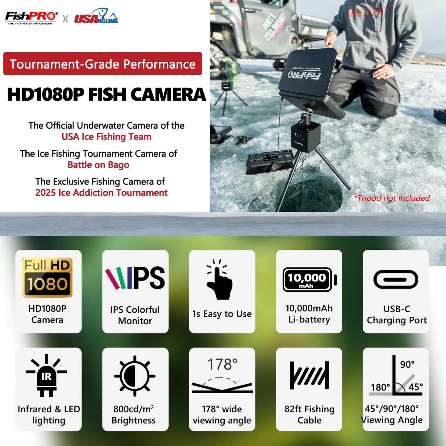 [FishPRO® 2026 Upgrade] NO.1 HD 1080P Underwater Fishing Camera 7'' IPS- w/10,000mAh (Ease To Use) Ice Fishing Camera Underwater, Fish Finder Camera for Ice Lake Boat Fishing w/USB-C, LED+IR, 25m/82ft