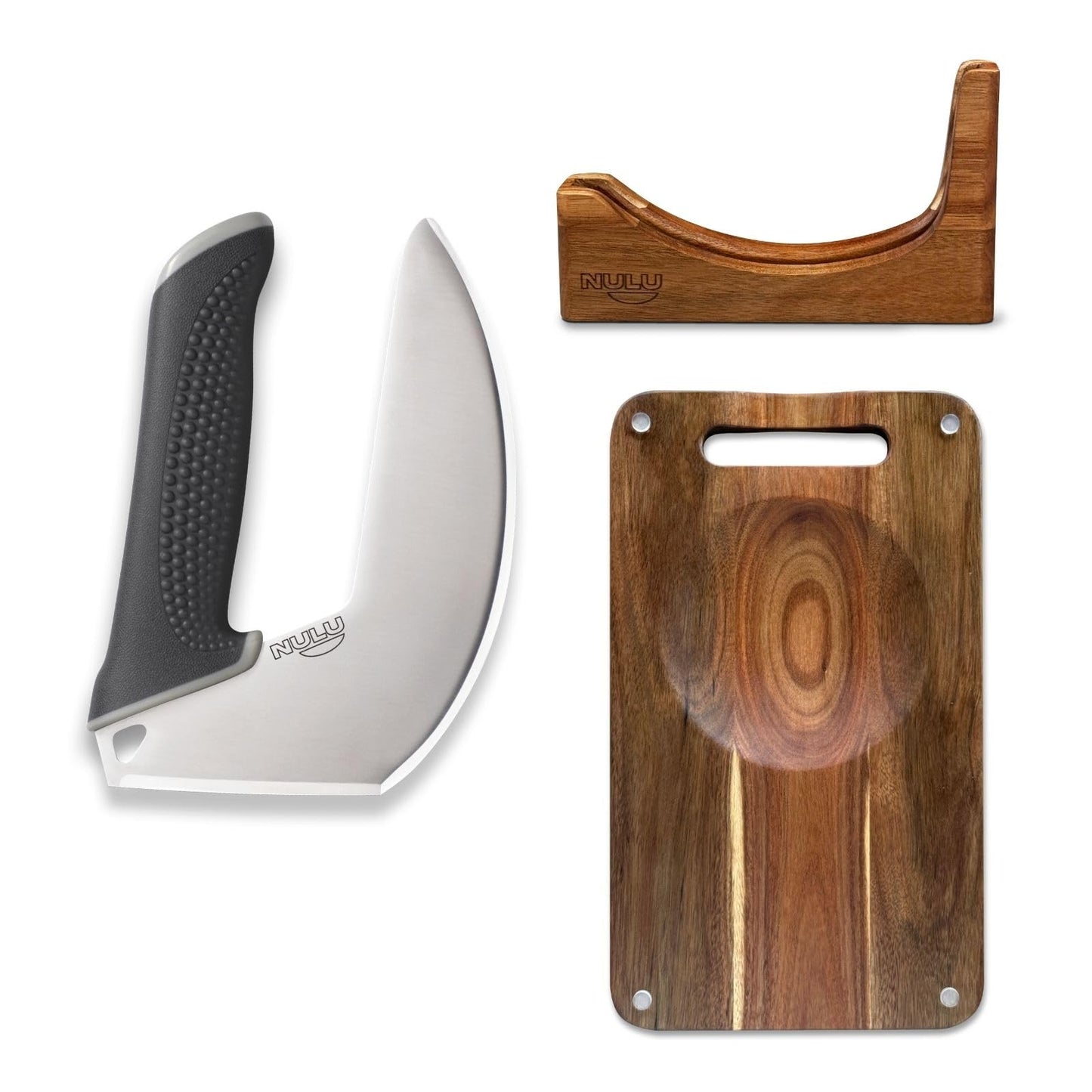 NULU Bundle Ergonomic Kitchen Knife Signature Acacia Cutting Board and Acacia Knife Dock