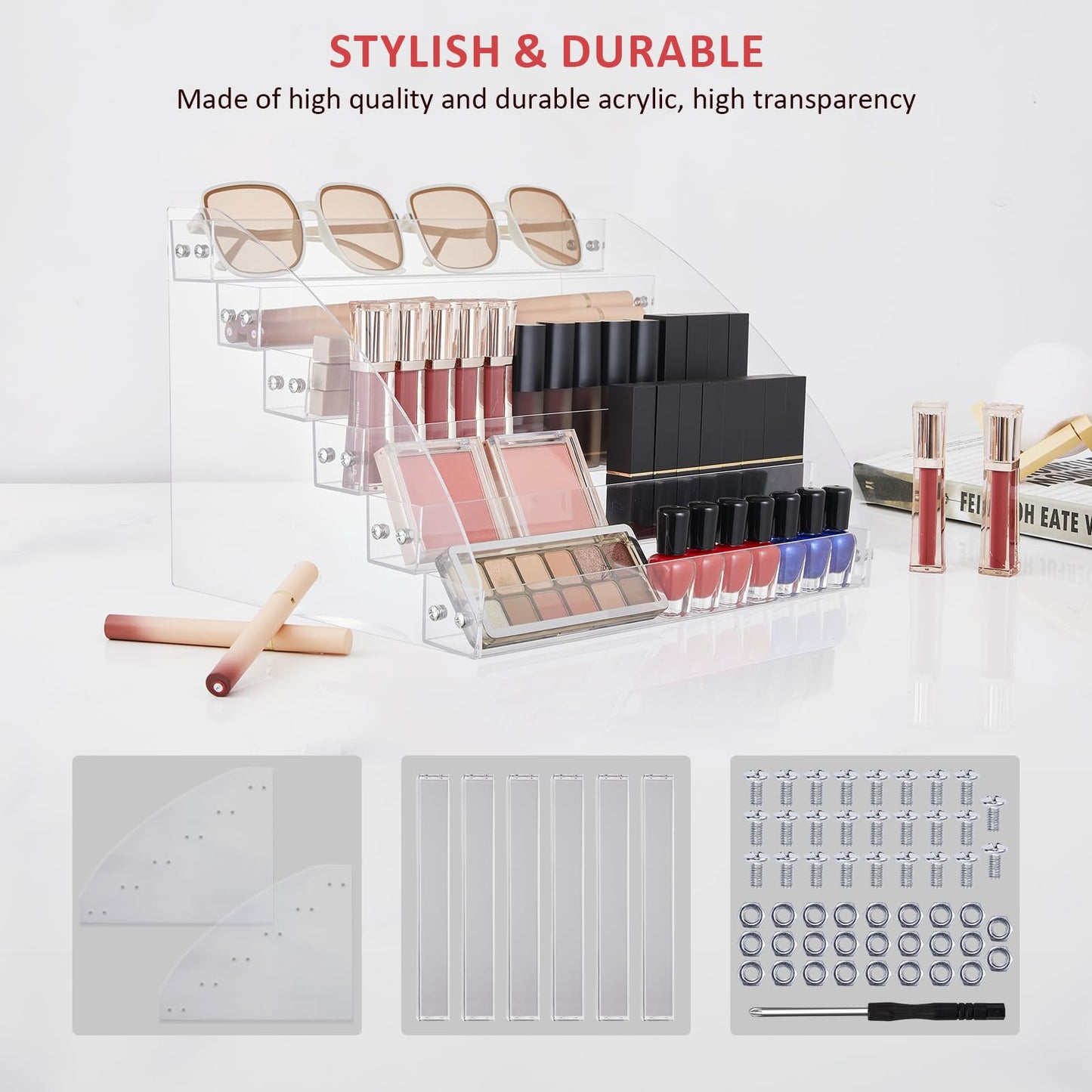 KINGROW Nail Polish Organizer Holder Rack 6 Layers Acrylic Display Rack Eyeglasses Shelf Essential Oils Ink Storage Holds Up to 96 (Fit 1-2oz Bottles)