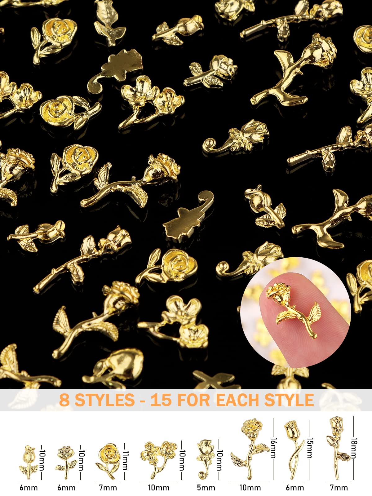 TOROKOM 120 PCS 3D Gold Rose Nail Art Charms Romantic Flowers Nails Decorations Alloy Nail Charms for Girls Women DIY Nail Design Craft Jewelry Making