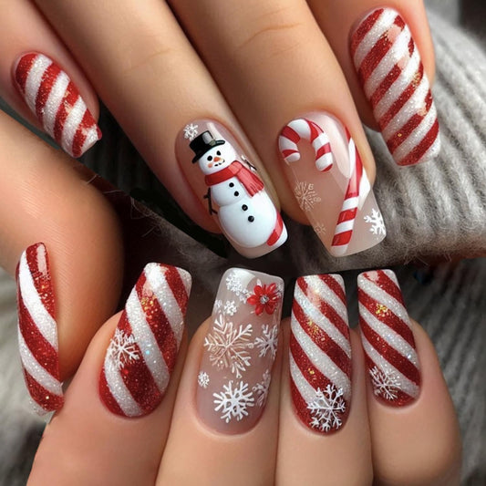 CJDLTS Snowflake Press on Nails Long Ballet Artificial Acrylic Fake Nails Snowman Red White Stripe with Glitter Stick on Nail Christmas False Nail Full Cover Winter Artificial Fingernails for Women