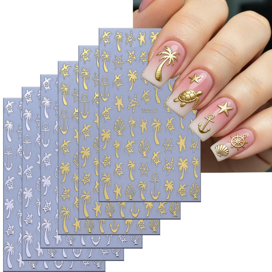 CJDLTS 6 Sheets Gold & Silver Ocean Nail Art Stickers 3D Self -Adhesive Coconut Tree Seashell Nail Decals Holographic Sea Turtles and Starfish Nails Stickers for Women Nails Decoration Supplies