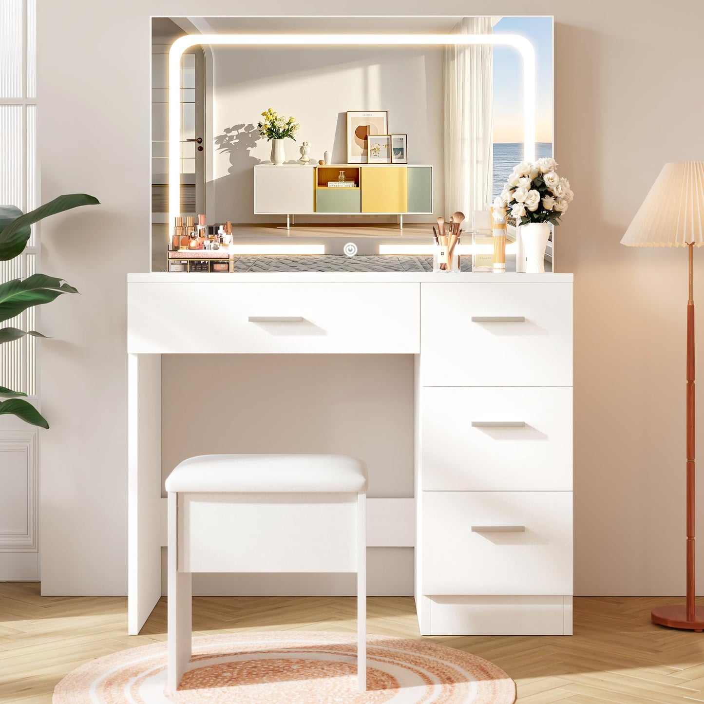 LIVELYGLOW Makeup Vanity Desk with Charging Station & LED Mirror – 35.4" Vanity Table with 4 Drawers, Hair Dryer Rack, & 3 Lighting Modes – Modern Bedroom Furniture (15.7"D x 35.4"W x 53.9"H), White