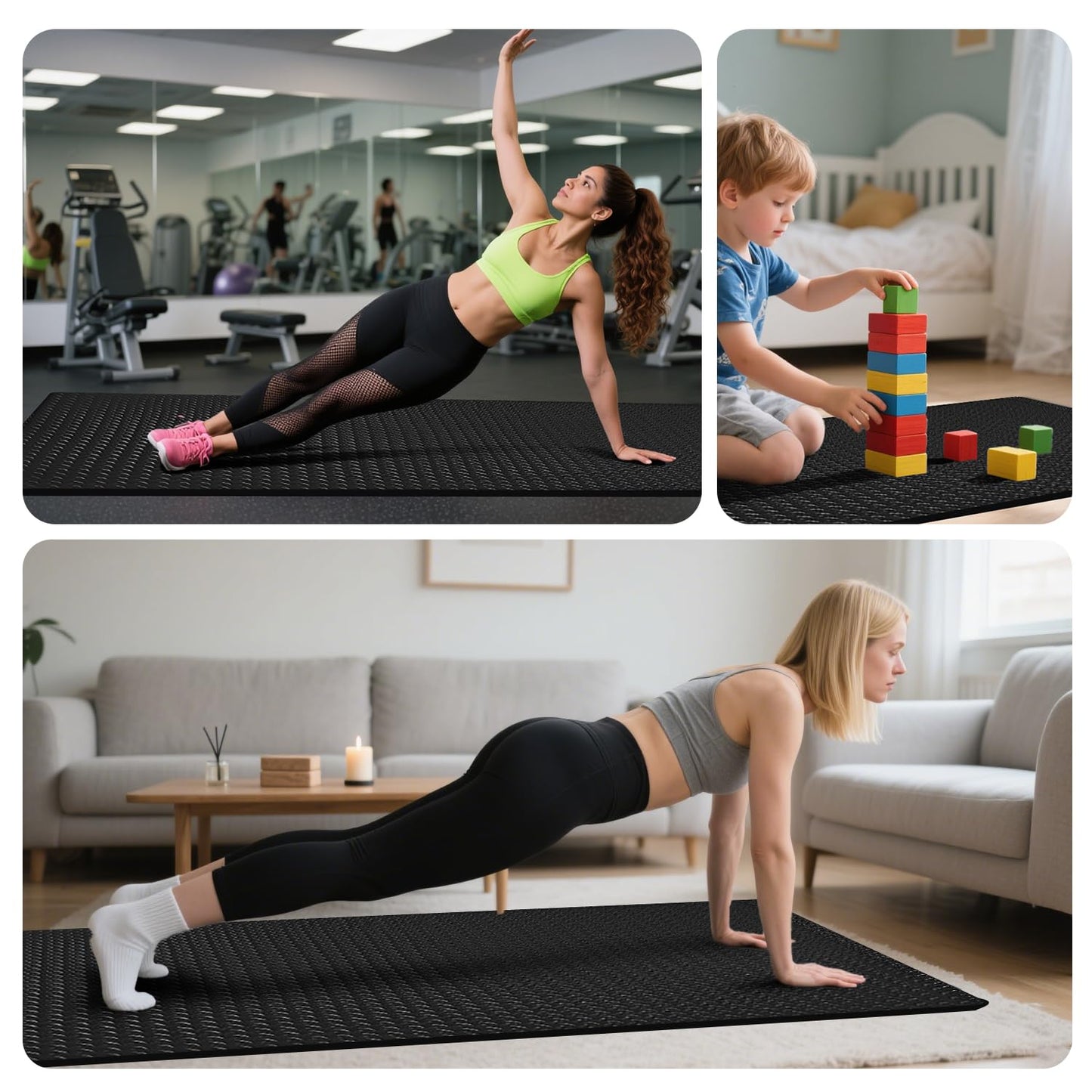 4x6ft Gym Floor Mat 10mm Thick - Large TPE/NPE Foam Workout Mat for Home Gym, Garage Floor, Yoga & Exercise - Non-Slip Eco-Friendly Fitness Mat (Black)