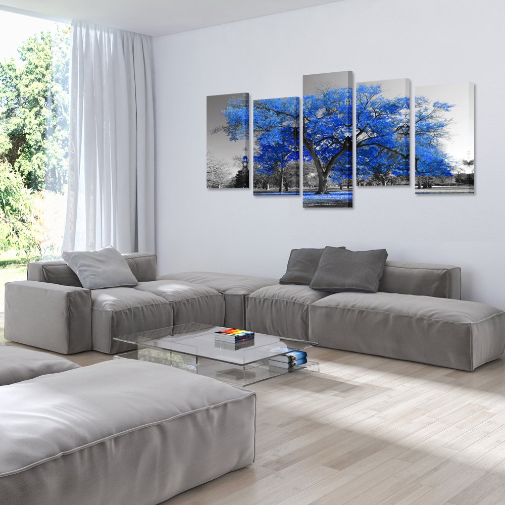 KREATIVE ARTS Canvas Print Wall Art Painting Contemporary Blue Tree In Black And White Style Fall Landscape Picture Modern Giclee Stretched And Framed Artwork (Large Size 60x32inch)