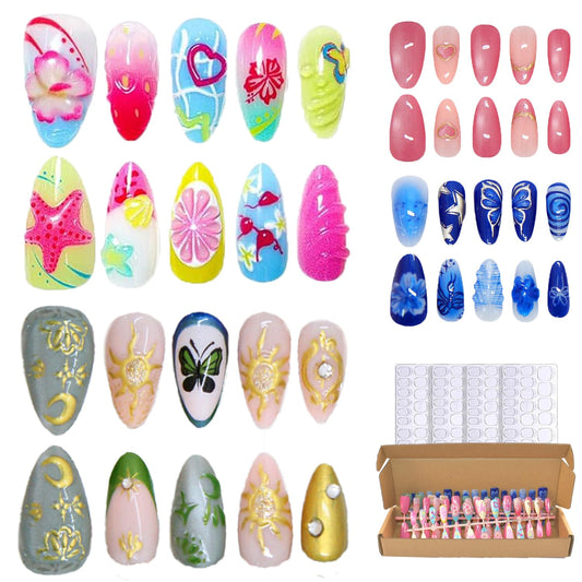 4 Packs Flower Press on Nails 114 Pcs Short Almond Spring Fake Nails with Designs Medium Almond Colorful 3D False Nails Flower Butterfly Spring Summer for Women