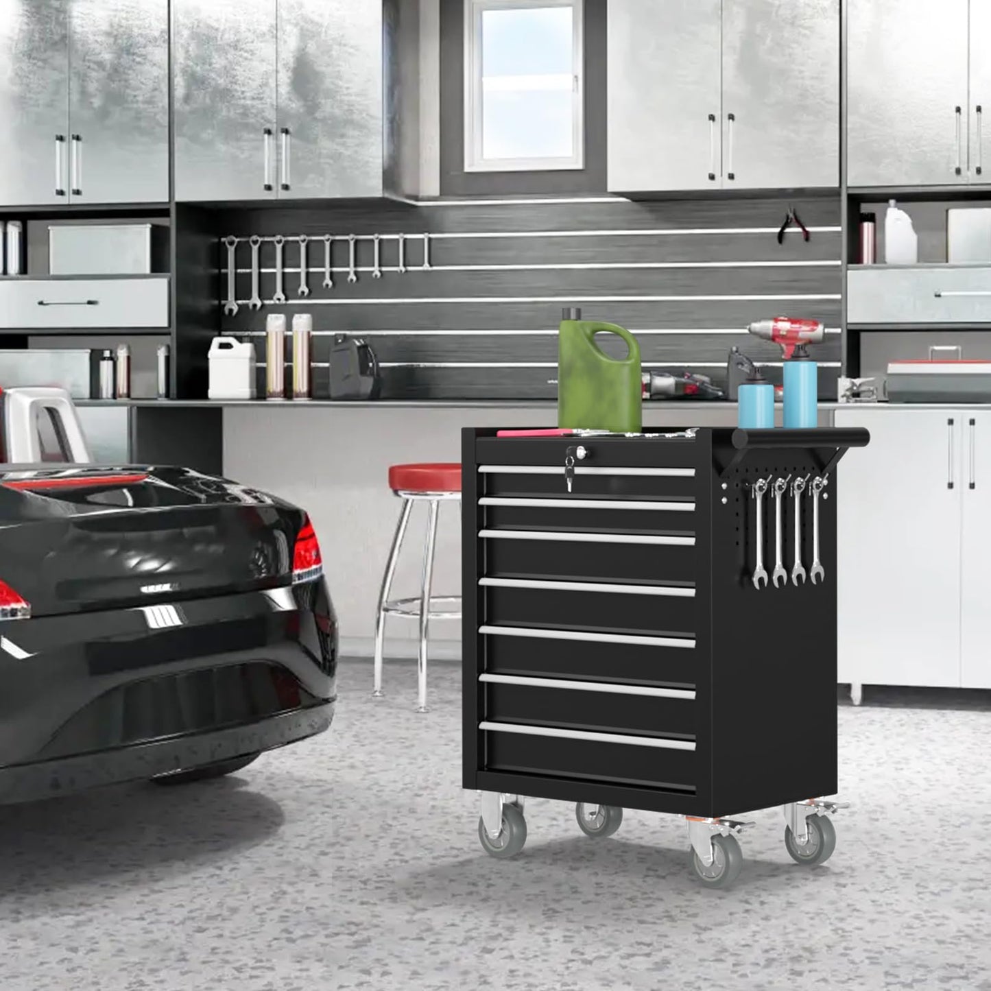 SGHATAJ 7 Drawers Metal Rolling Tool Chest, Portable Storage Rolling Tool Box, Toolbox on Wheels for Warehouse, Garage, Repair Shop and Tool Room (Black, 7-Drawer)