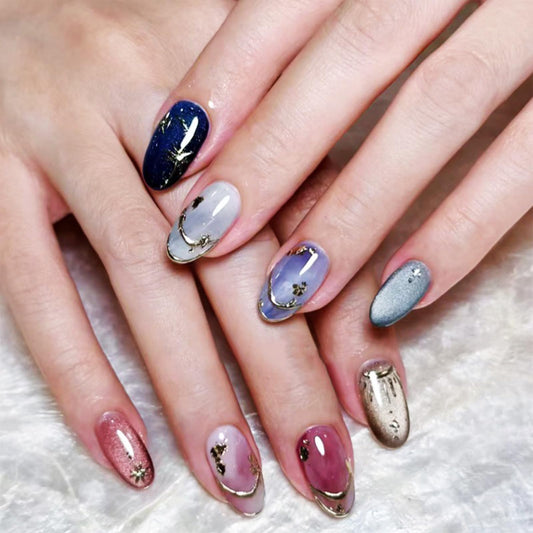 24Pcs 3D Stars Press on Nails Sun Gel Glue on Fingernails Gold Curve Line Medium Almond Fake Nails Glossy Colorful Cat Eye Stick on Nail Acrylic Full Cover False Nail for Holiday Manicure Art