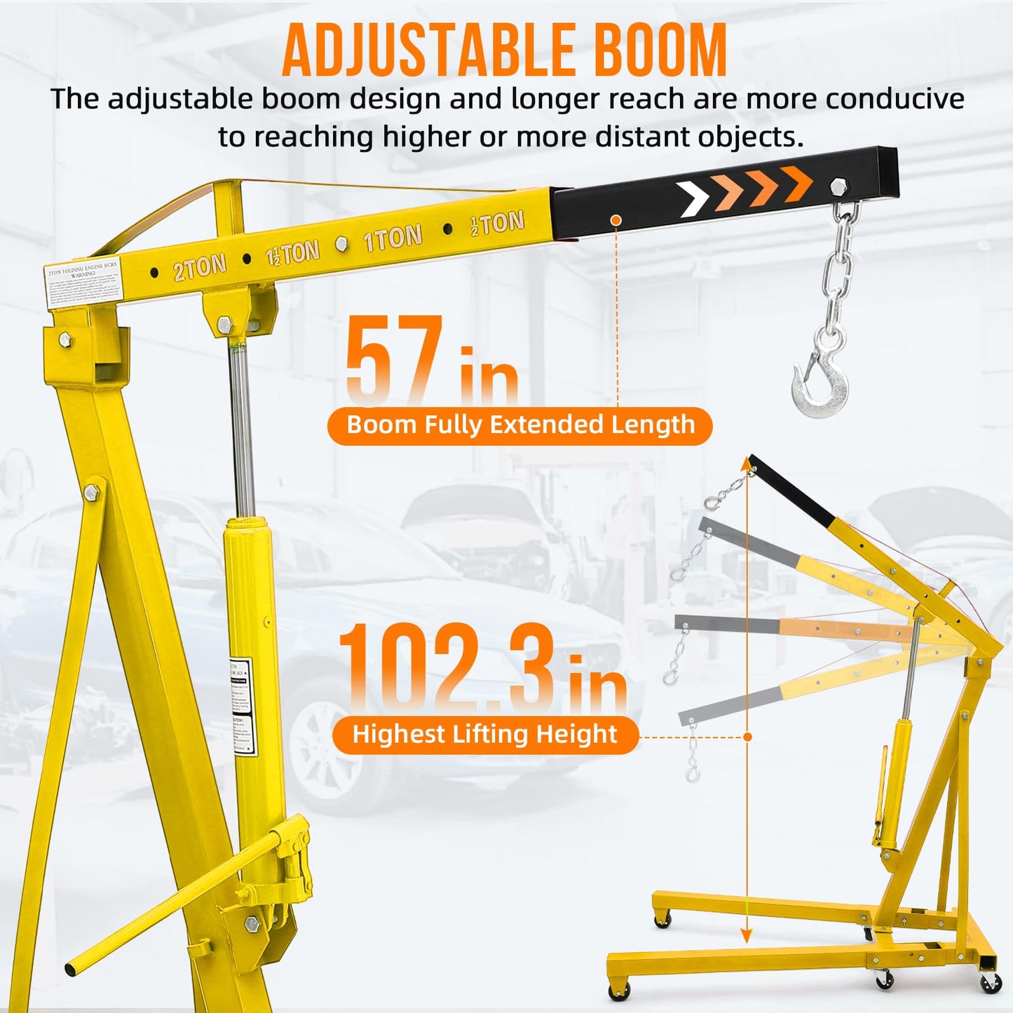2 Ton Engine Hoist, Hydraulic Cherry Picker Engine Crane, Heavy Duty Folding Shop Crane with 6 Casters, Engine Lift for Garage, Workshop, Yellow