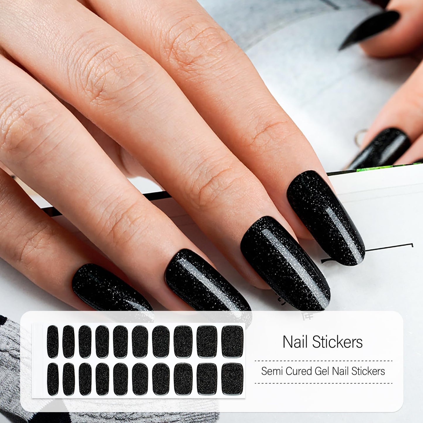 WOKOTO 2 Pack Semi Cured Gel Nail Strips, Lavender & Glossy Black 40 Pcs (10 Size) Full Nail Wraps With Nail File & Wooden Stick, UV Gel Nail Polish Strips Stickers For Women Girls, Salon Quality