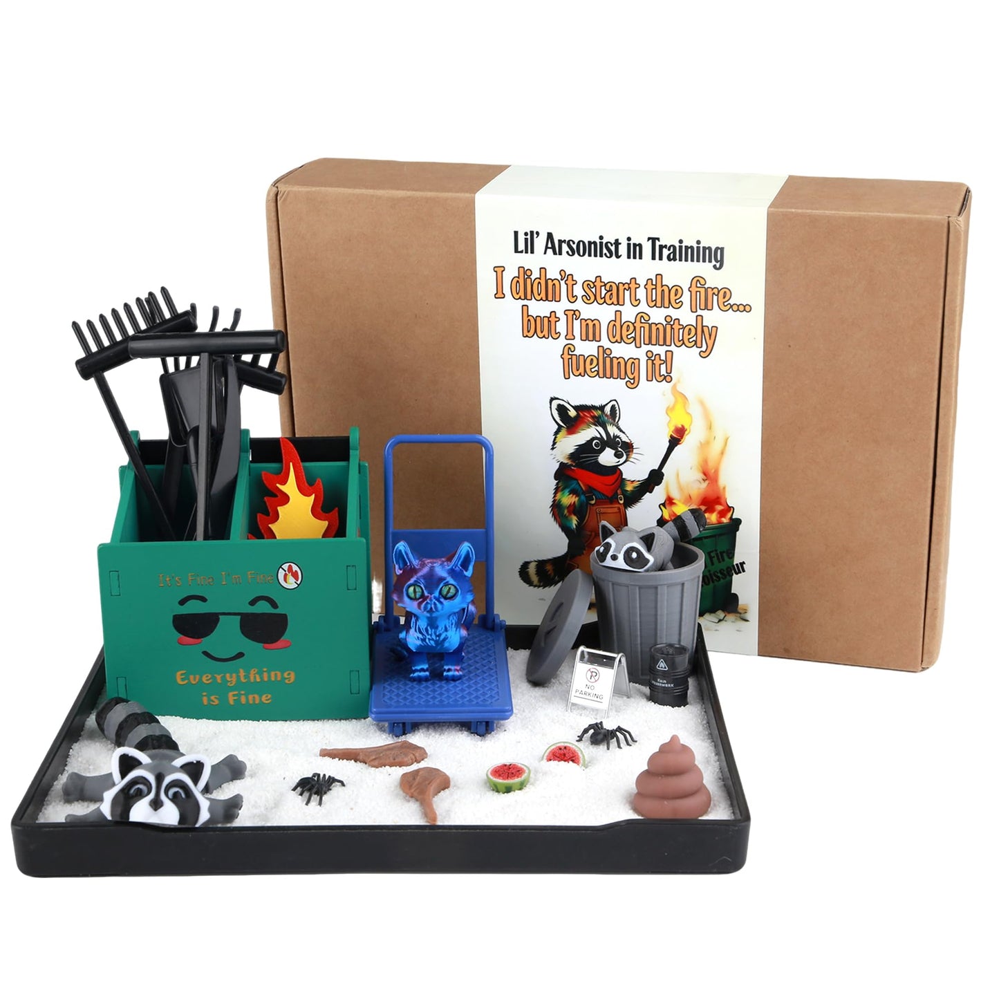 2026 New Dumpster Fire Zen Garden Desktop Kit with Raccoon Figurines - Funny Office Desk Accessory for Stress Relief, White Elephant Gifts, Coworker Gifts - Mini Sand Tray Therapy for Adults