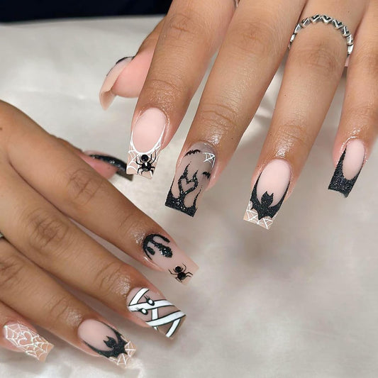 Press on Nails Halloween Square French Tip Fake Nails Mummy and Cobweb Designs Stick on Nail Nude Color Acrylic Nail Halloween Glue on Nails Full Cover Matte False Nails for Women Girls 24Pcs