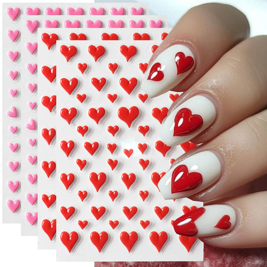 4Pcs Valentine's Nail Art Stickers Decal - 5D Embossed Pink Heart-Shaped Nail Stickers with Adhesive for Valentines Romantic Love Red Hearts Nail Transfer Slider Sticker for Women Manicure Decor