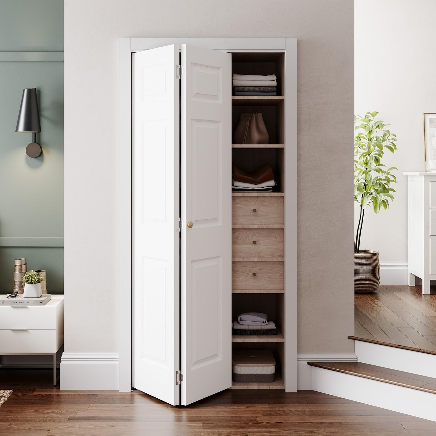 SMARTSTANDARD 32" x 80" Paintable Bifold Door, 3-Panels Closet Doors with Hardward Kits, White Primed Surface Ready for Painting, 29 2/5" x 78 2/5", Elegant Molded Design, Easy Installation
