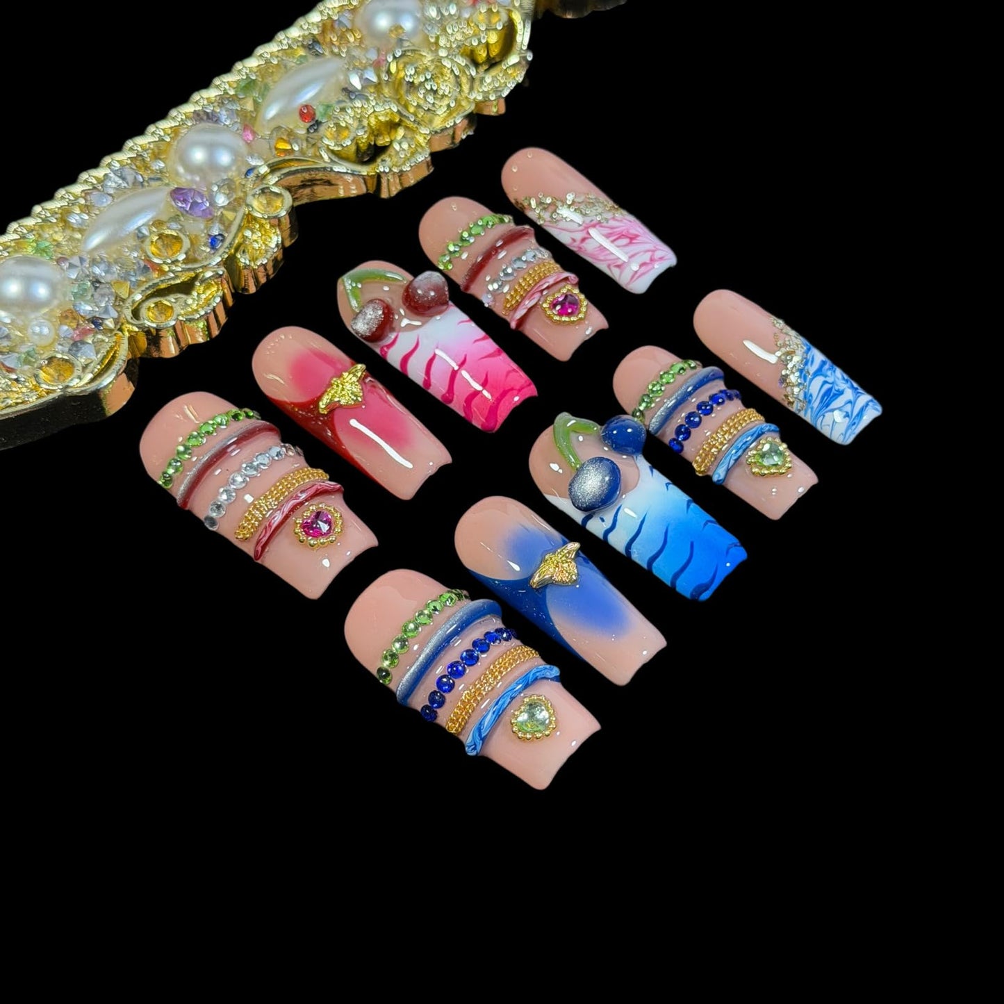 3D Cherry Handcrafted Press On Nails, Long/Medium Square, Gradient & Marble Accents, Reusable Acrylic False Nails, Duo-Tone (S)