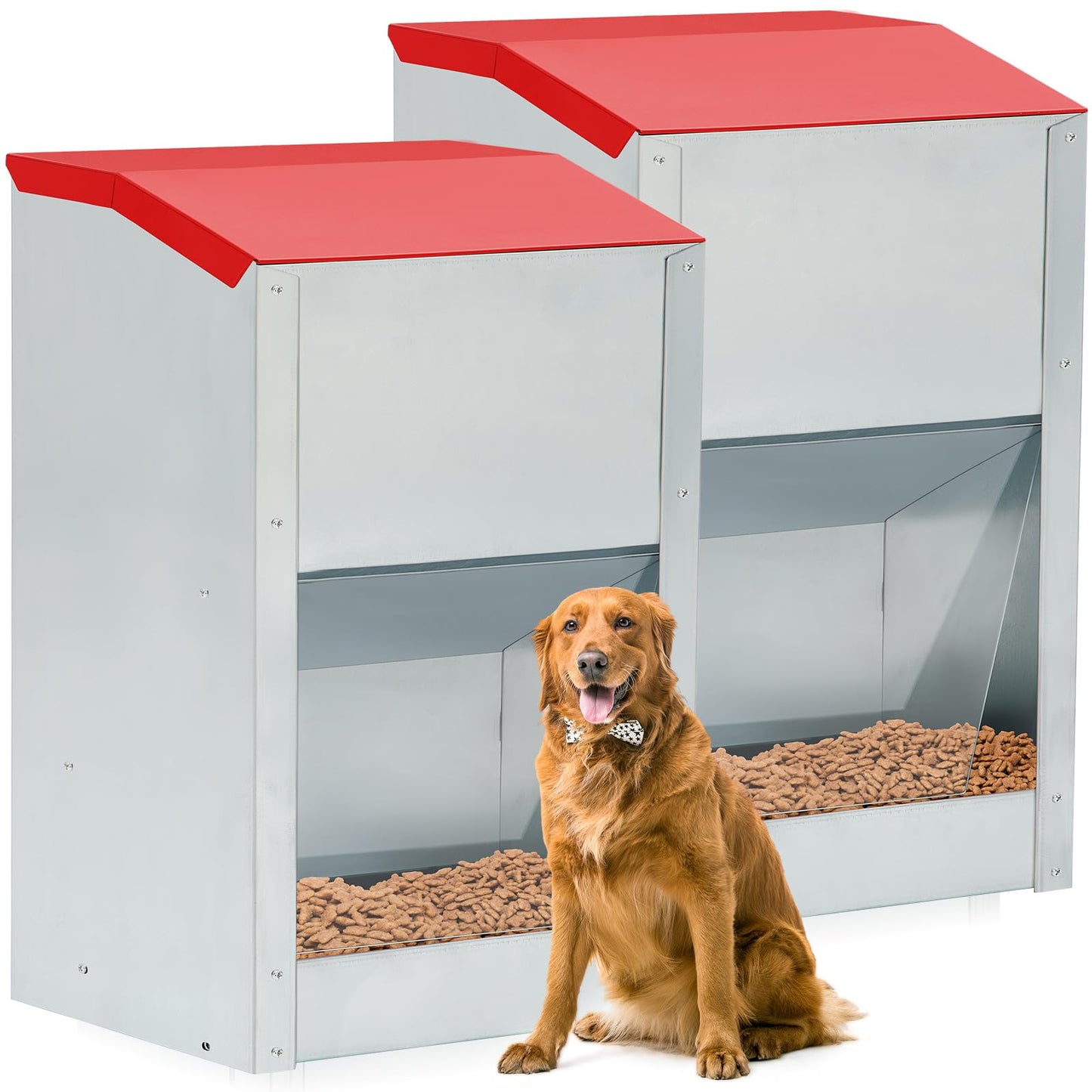 Willinglong 2 Pcs 50 Lbs Large Automatic Dog Feeders with Handle Acrylic Panel Galvanized Gravity Feeder Outdoor Hanging for Doggie Breed Dog Food Dispenser Container(Red)