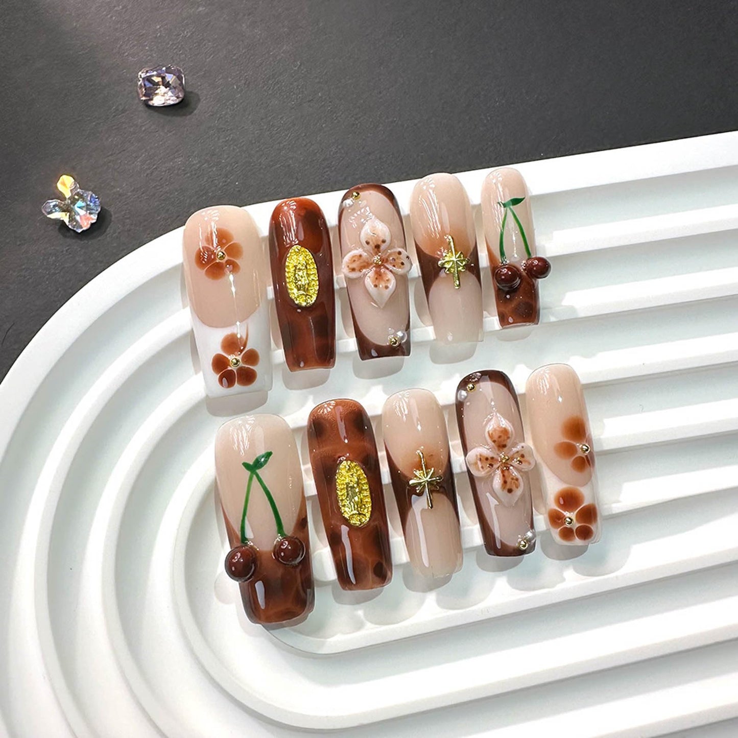 Handmade Press on Nails Long Square 3D Flower Tortoiseshell White French Tip Full Cover Stick on Nail for Women Party & Daily Wear 10Pcs (Size M)