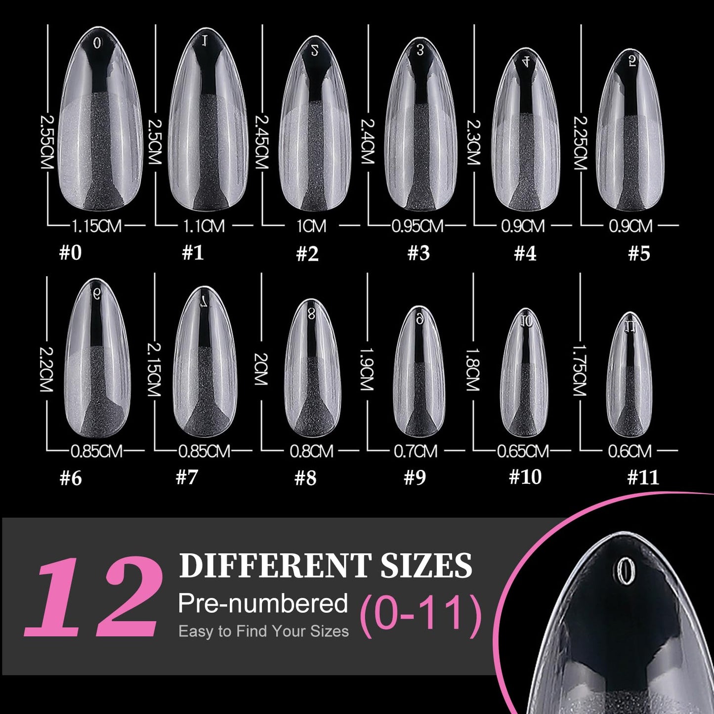 AddFavor 600pcs Almond Nail Tips Medium Fake Nails - Soft Gel Nail Tips Almond Shape Clear Acrylic Nails Tips for Nail Extensions, 12 Sizes Gel Nails Press ons Manicure Salon Home DIY