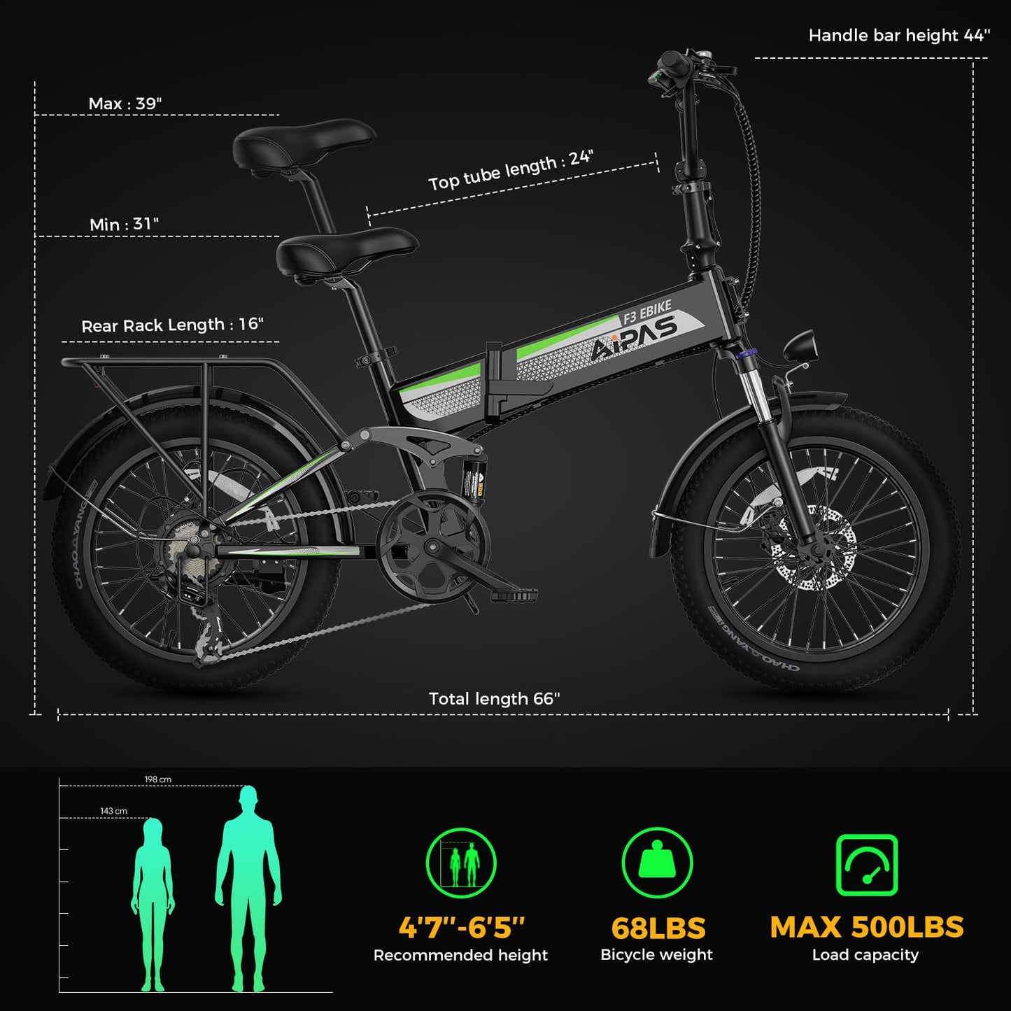 Aipas F3 Electric Bike for Adults with 1500W Motor Peak,48V 12.8Wh Removable Battery Max 62 Miles 28MPH,20" x 3.0 Fat Tire Folding Electric Bike with 7-Speed and Full Suspension with Front Basket