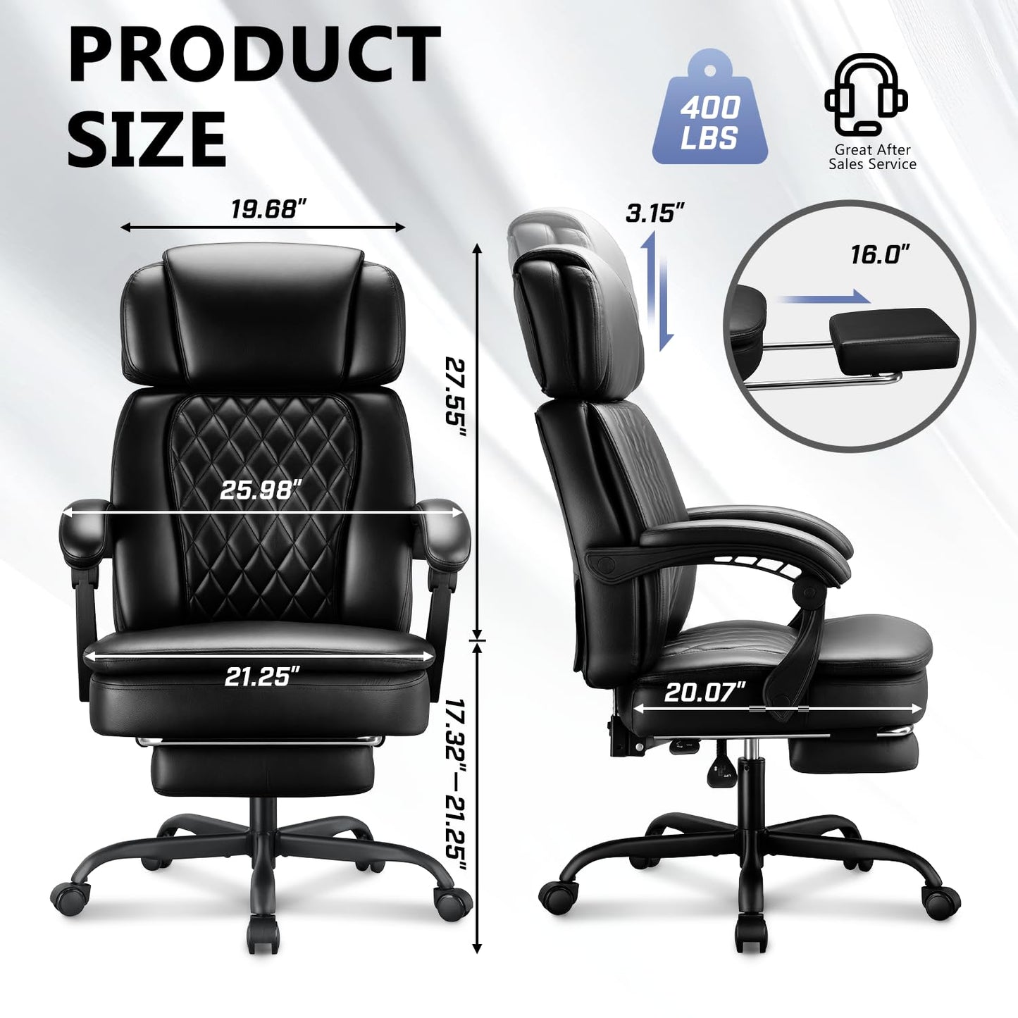 400lbs Executive Office Chair with Foot Rest for Heavy People, Ergonomic Big and Tall Desk Chair with Adjustable Headrest, High Back PU Leather Comfy Heavy Duty Computer Chair with Spring Cushion