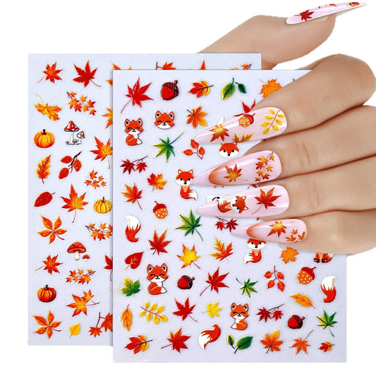 Fall Nail Art Stickers - 5D Miniature Sculpture Fall Pumpkin Nail Decals - 2PCS Manicure Maple Leaves Squirrel Mushroom Nail Art Supplies Autumn Acrylic Nail Art Decoration for Women