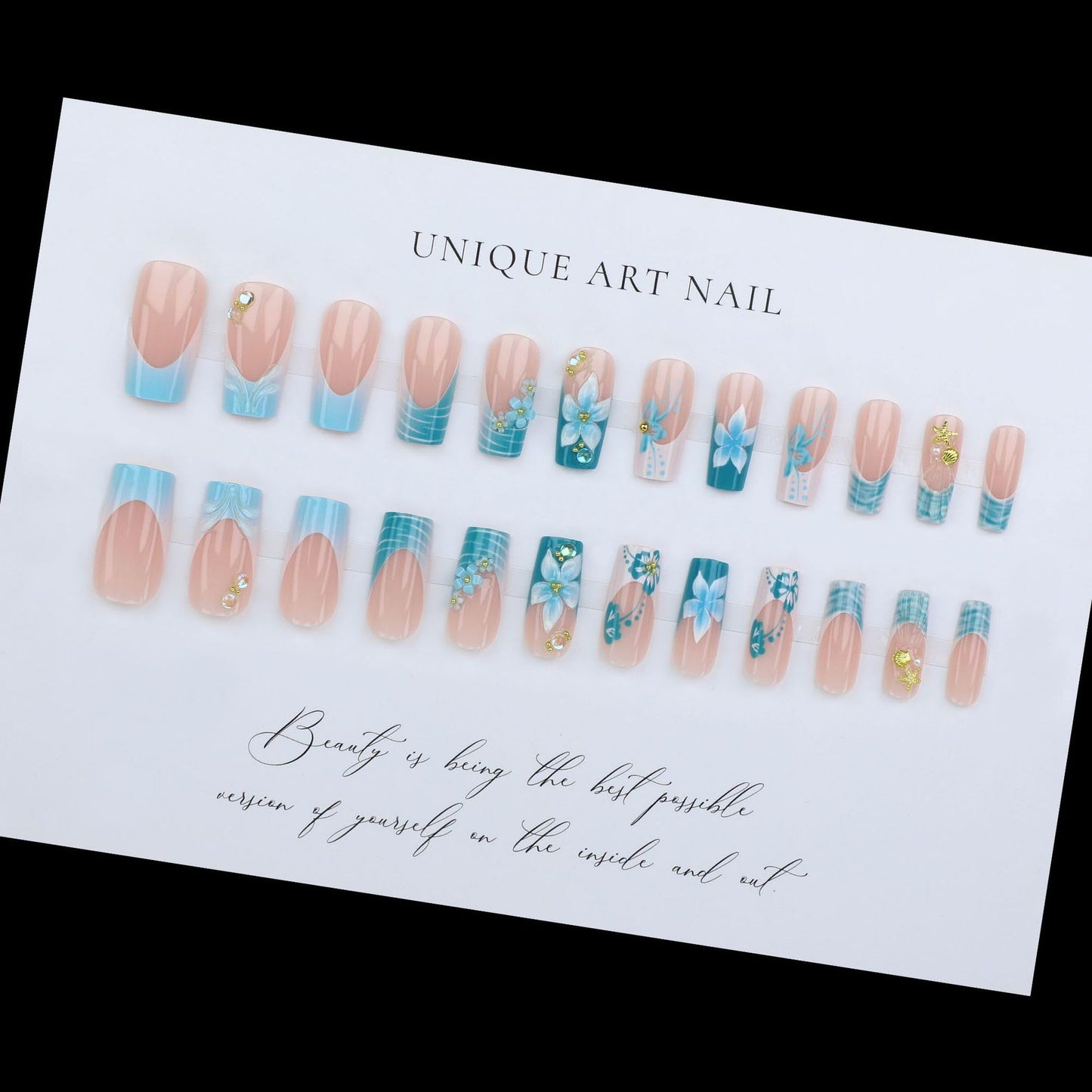 plalely Blue Press on Nails French Tip,Handmade Acrylic Press on French Tip Nails with Flower Designs，Long Square Nail Press Ons for Women 24pcs