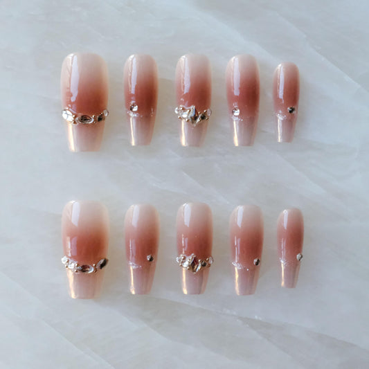 GLORS Long Ballerina Press-on Nails, Pink French Style with Rhinestones, Coffin Shape, Handmade False Nail 10 Pieces (Small,LB)