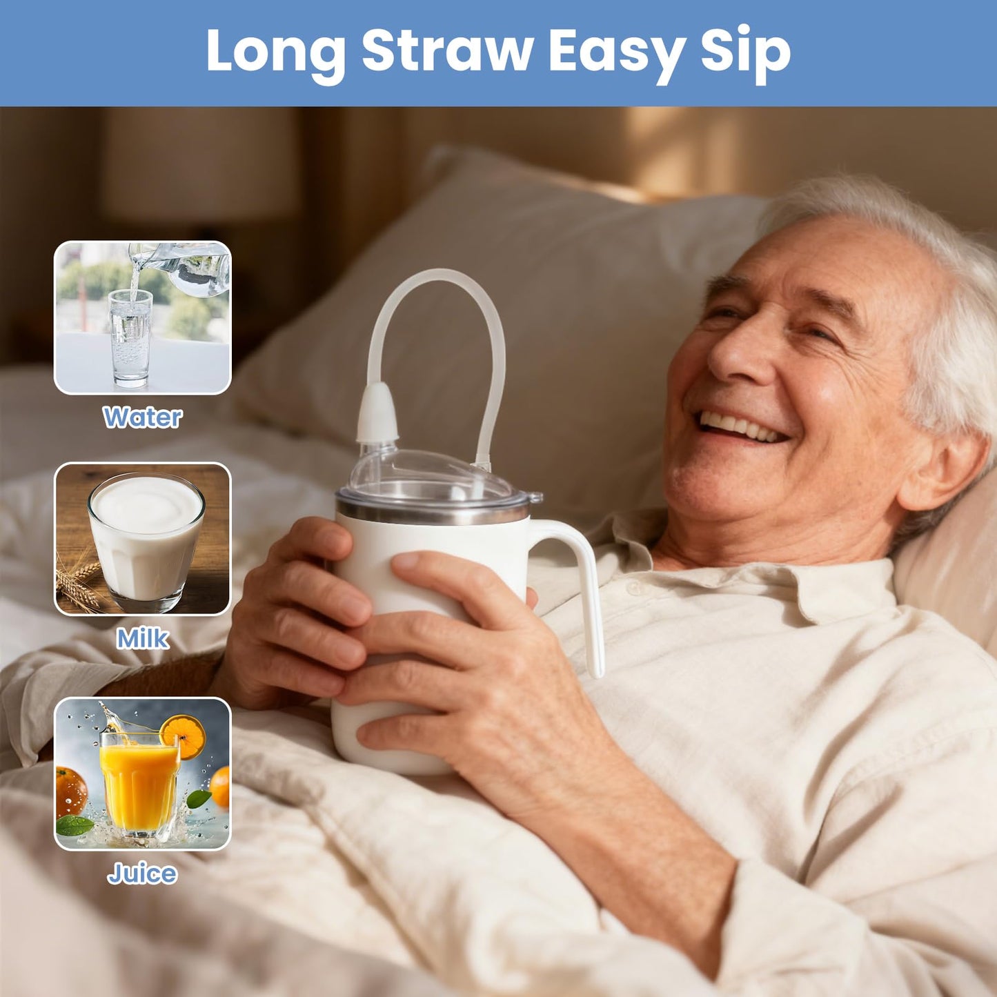 sturion Adult Drinking Cup, 15 oz Stainless Steel Drinking Cup with Handle, Spill-Resistant Lid, 3-in-1 Design with Long Straw, Easy-Hold Cup for Seniors, Home and Daily Use, White