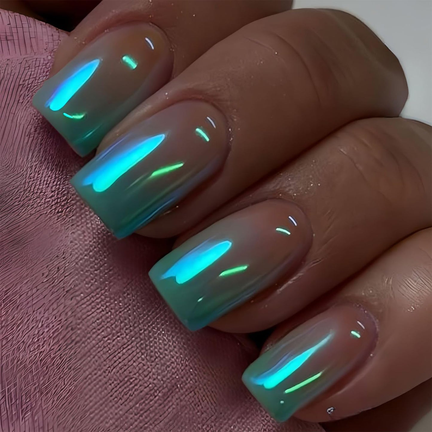SINHOT Square Press on Nails - Short Fake Nails, Glossy Finish, Pink Blue Gradient & Bling, DIY Artificial False Nail Art - 24 Pcs Nail Kit with Glue
