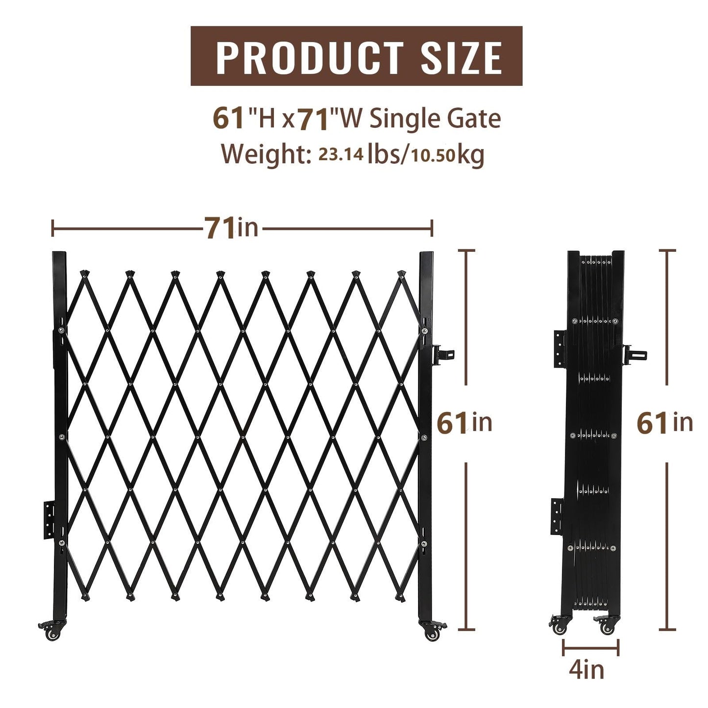 MERXENG Single Folding Security Gate 67" h x 71" w, Steel Expandable Fence with 360° Rolling Wheels for Courtyard, Garage, and Garden Access Control