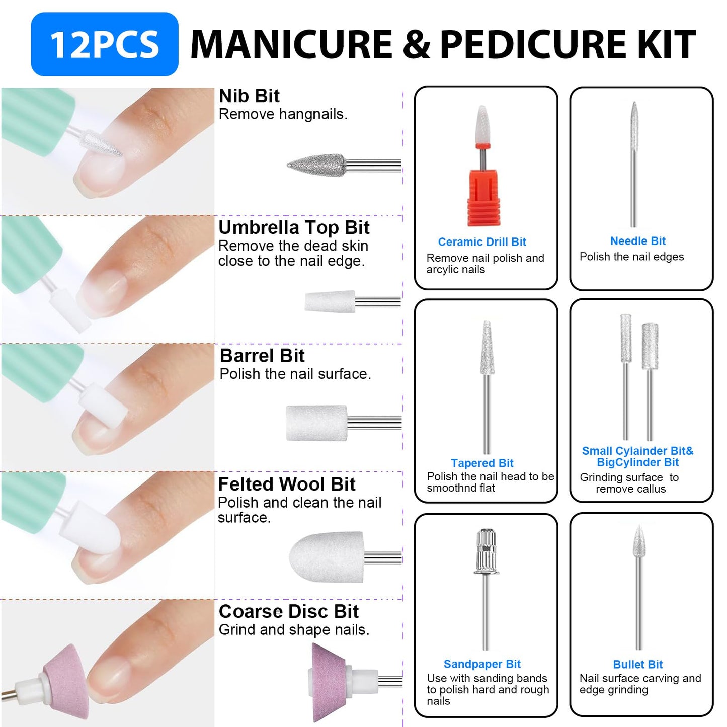 Cordless Electric Nail Drill with 360° Ring Light, Portable Nail File Kit for Acrylic, Gel Nails, Portable Home Manicure Kit for Manicure and Pedicure(Turquoise)
