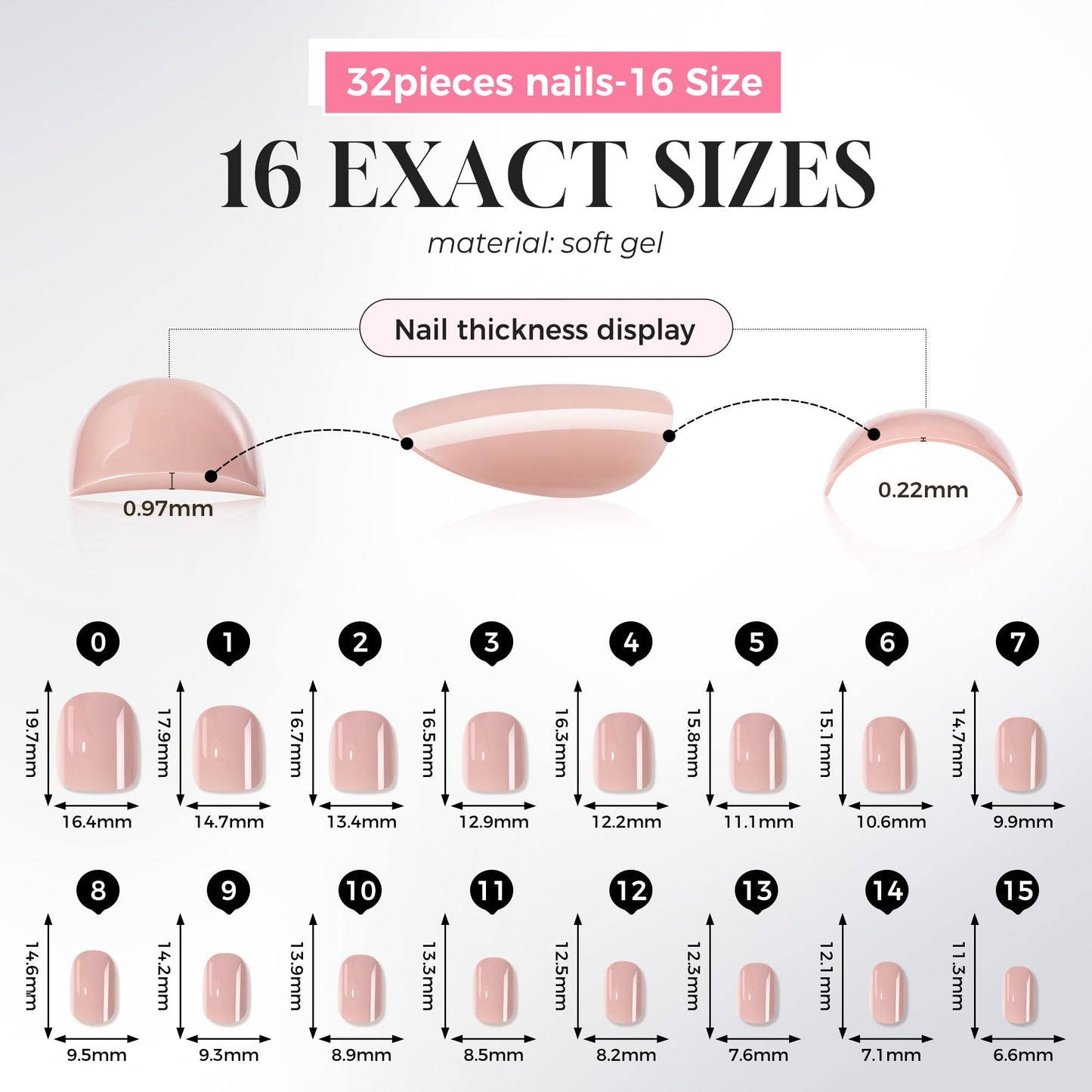 UNA GELLA Short Round Press on Nails - 32Pcs 16 Sizes Oval Nude Pink Fake Nails, Glossy Reusable Glue on Nails for Women, Durable Natural False Nails Kit for Small or Wide Nail Beds