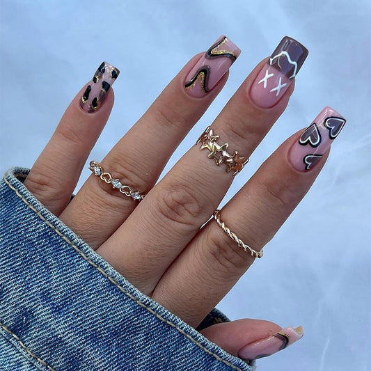 Press on Nails Square Medium Pink 24Pcs Glossy Full Cover Artificial Fake Nails with Heart Line Designs Reusable Coffin Acrylic False Nails Glue Stick on Fingernails with Charm for Women