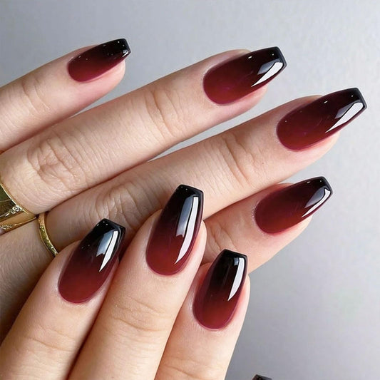 IMSOHOT Press on Nails Long Coffin Fake Nails Red Black Gradient Glossy Glue on Nails Full Cover Ballerina Acrylic Gel Stick on False Nails for Women Girls 24Pcs