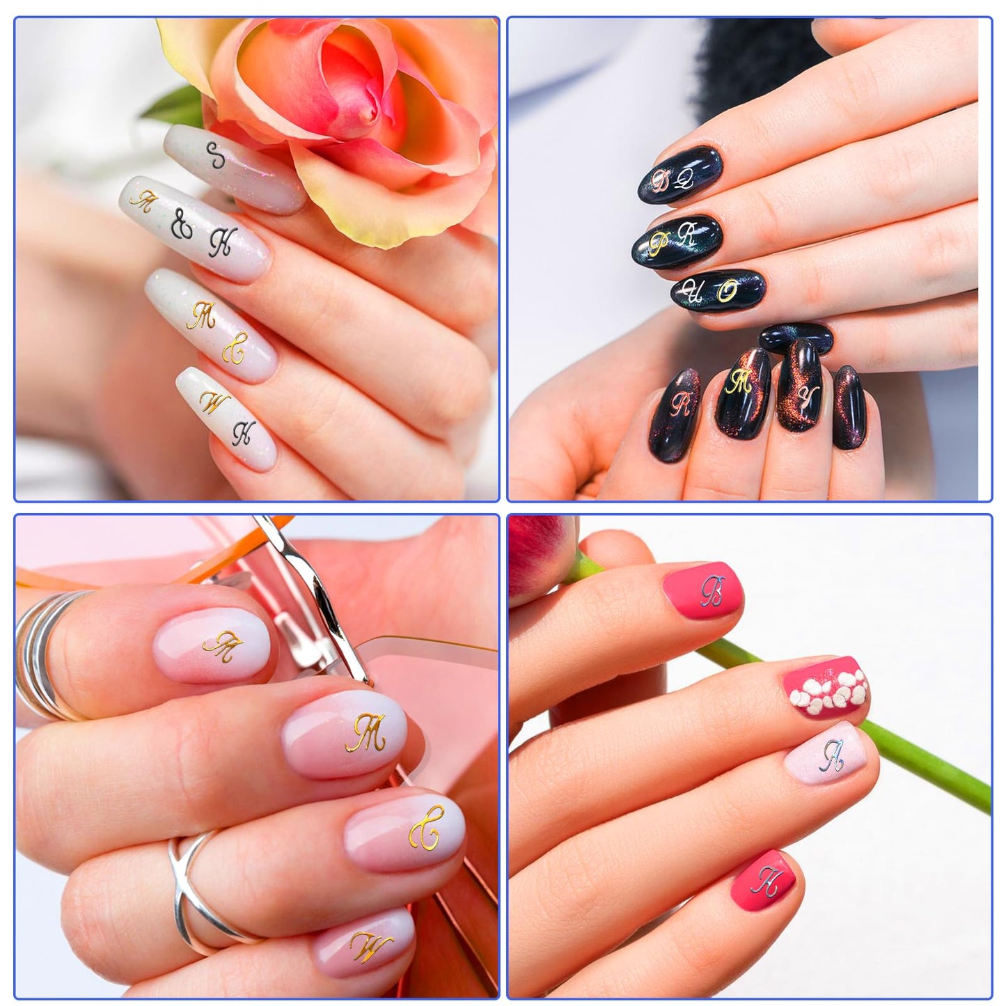 14 Sheets Letter Nail Stickers for Nail Art, 3D Self-Adhesive Black White Gold Silver Old English Nail Letter Stickers, Nail Art Stickers DIY Decoration Nail Accessories for Women Girls