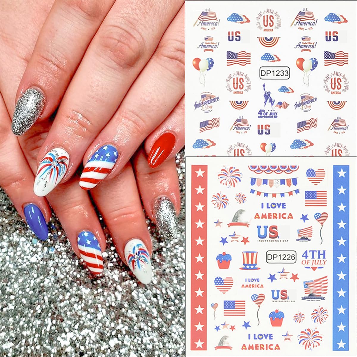 6Pcs Independence Day Nail Art Stickers Patriotic American Flag Heart Balloon Fireworks Nail Design 4th of July Nail Stickers 3D Self-Adhesive Star Nails Decals Decoration for Women DIY Nail Supplies