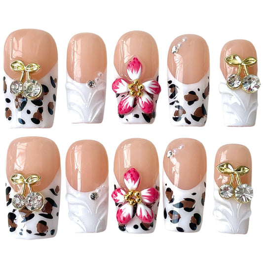 Handmade Press On Nails, 3D Velvet Floral Short/Medium Length Square White French Tips, Leopard Cherry Design, Reusable Acrylic False Nails (Velvet Jungle, L)