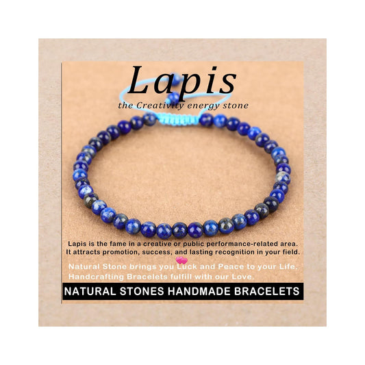 AD Beads 4mm Lapis Bracelet - Stone of the Creativity energy stone - Handmade Natural Stone Crystal Bracelet with Adjustable Macrame String - Yoga Healing Power Energy Gifts for Men and Women