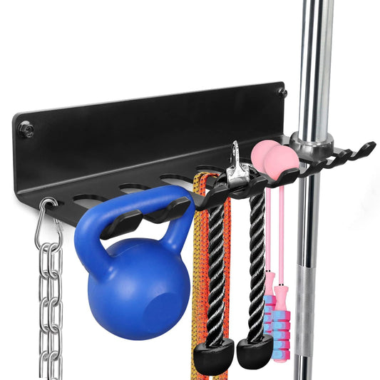 BRTGYM Gym Rack Organizer, Home Gym Accessories Hanger, Wall Mount Hooks for Olympic Barbells, Row Handles, Bats or Tools (E-Book Instruction Included)