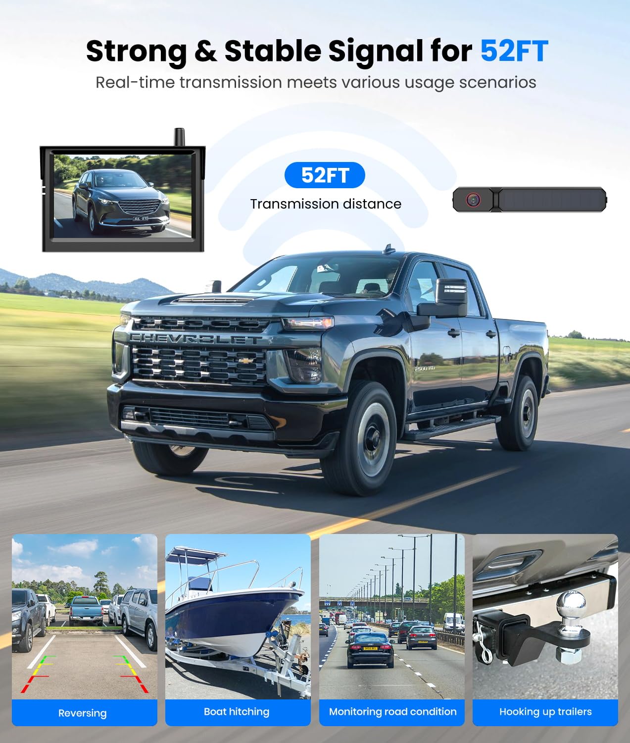 AUTO-VOX Solar Wireless Backup Camera:5" HD 1080P Monitor,3 Mins DIY Installation & 5000 mAh Battery Powered Solar Back Up Camera Systems, IP69K Waterproof Reverse Camera for Car, Van, Truck, Trailer