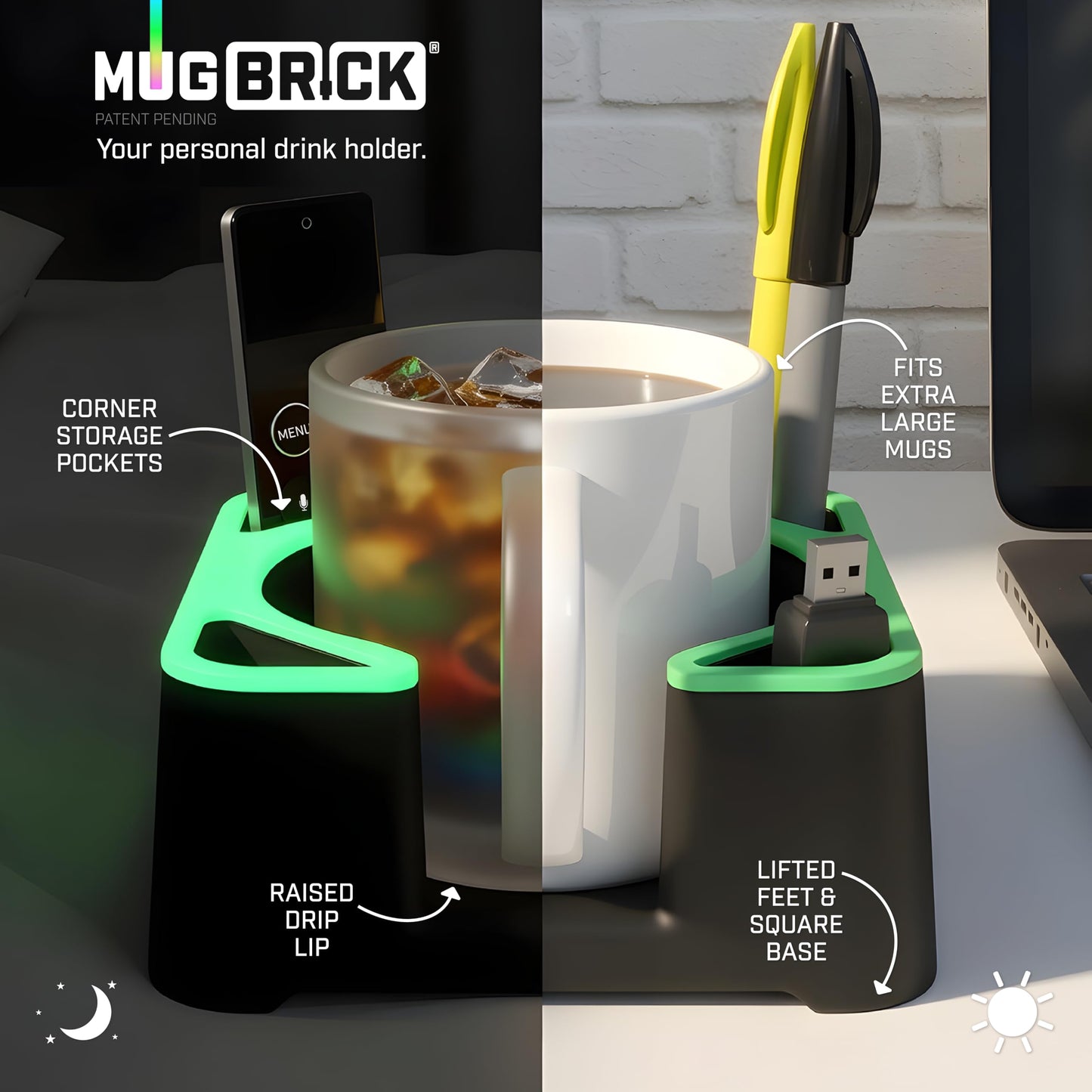 MugBrick Portable Silicone Cup Holder for Desk, Couch, Bed. Dishwasher Safe, Non-Spill Drink Holder for Office, Desktop, Sofa. Black
