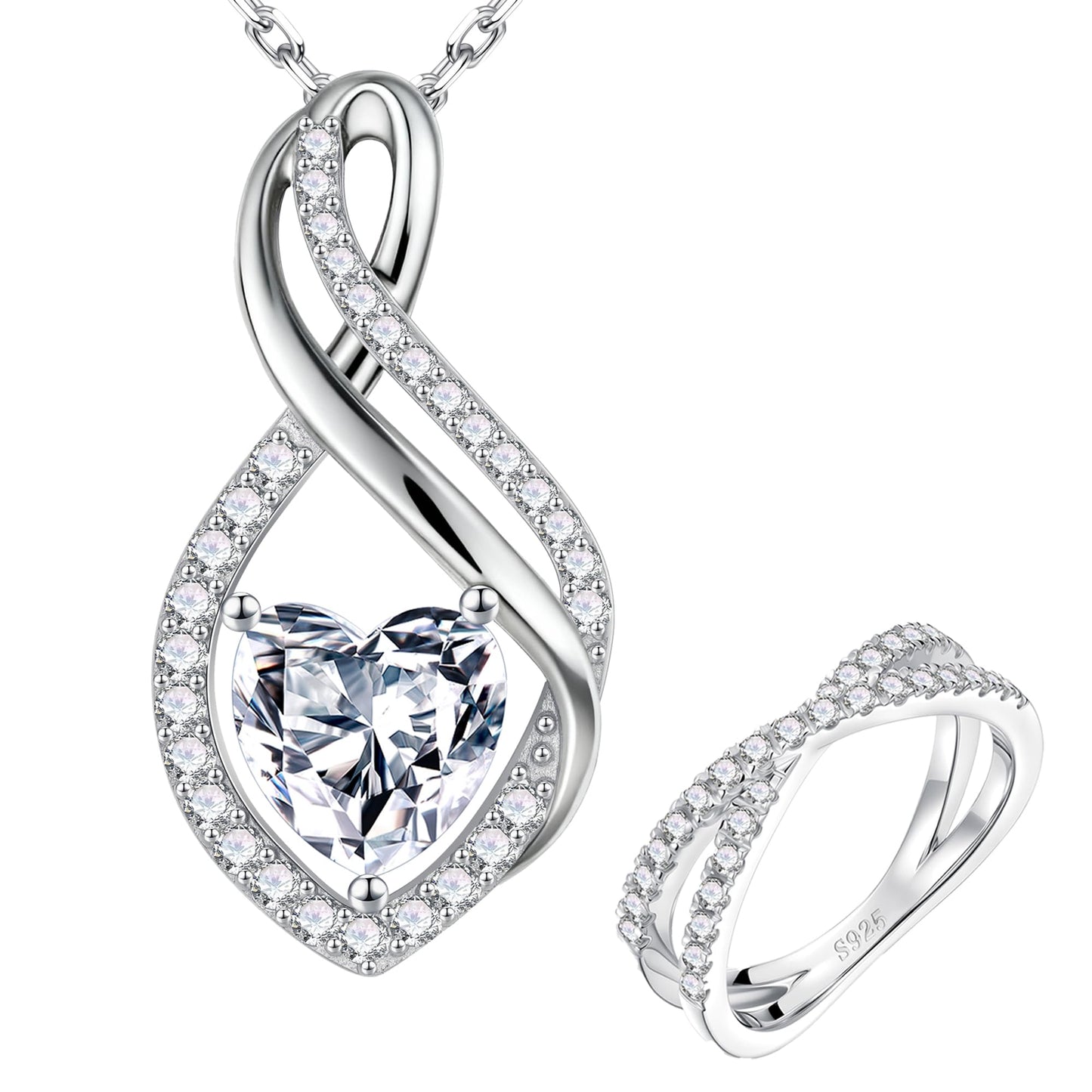 MOOSEA Moissanite Wedding Bands for Women, 14K White Gold Plated Moissanite Necklaces for Women Silver Pendant Necklace Cross Ring Anniversary Jewelry Gifts