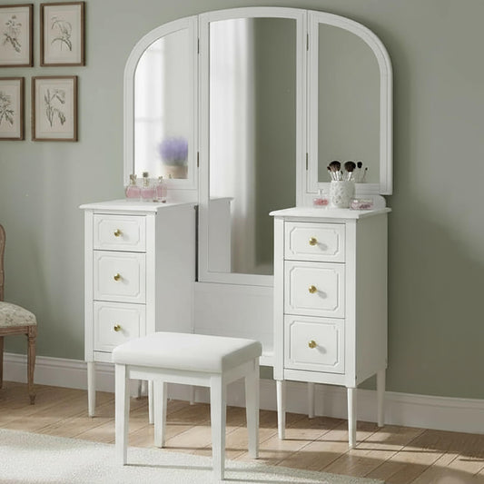 Merax Antique Vanity Desk with Triple Mirror, 46" Makeup Vanity Set with Cushioned Stool, Large Dressing Table with 6 Storage Drawers for Bedroom Dressing Room, White