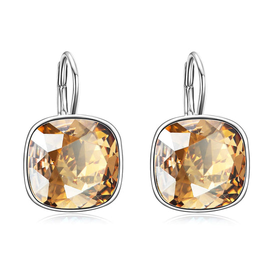 AOBOCO Sterling Silver Leverback Earrings Embellished with Crystals from Austria, Hypoallergenic Cushion Cut Square Crystal Earrings, Fine Anniversary Birthday Jewelry Gifts for Women (Simulated Citrine)